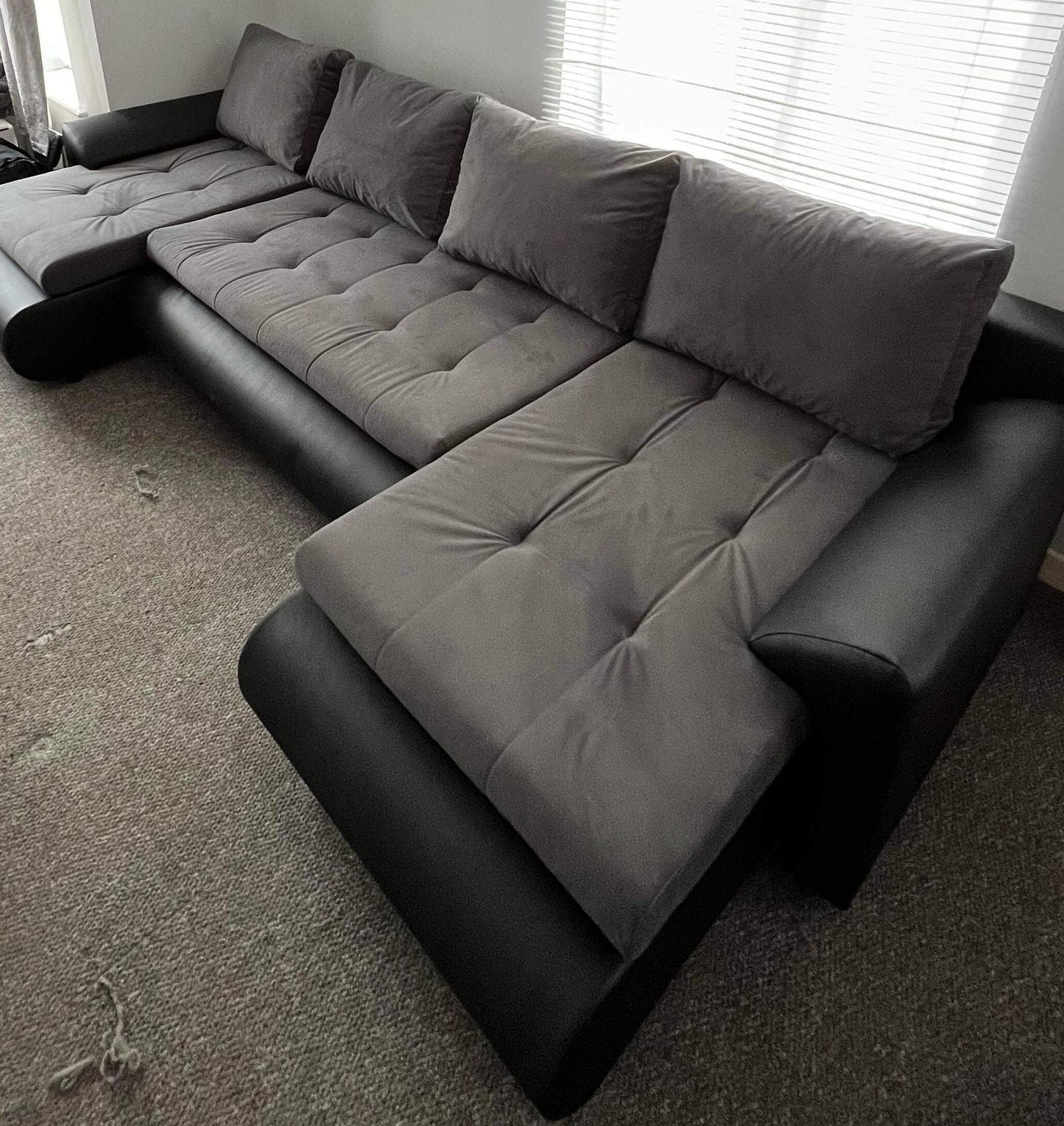 CORNER SOFA BED PRADA U SHAPE 300cm WATER RESISTANT FABRIC TRINITY GRAPHITE / BLACK FAUX LEATHER