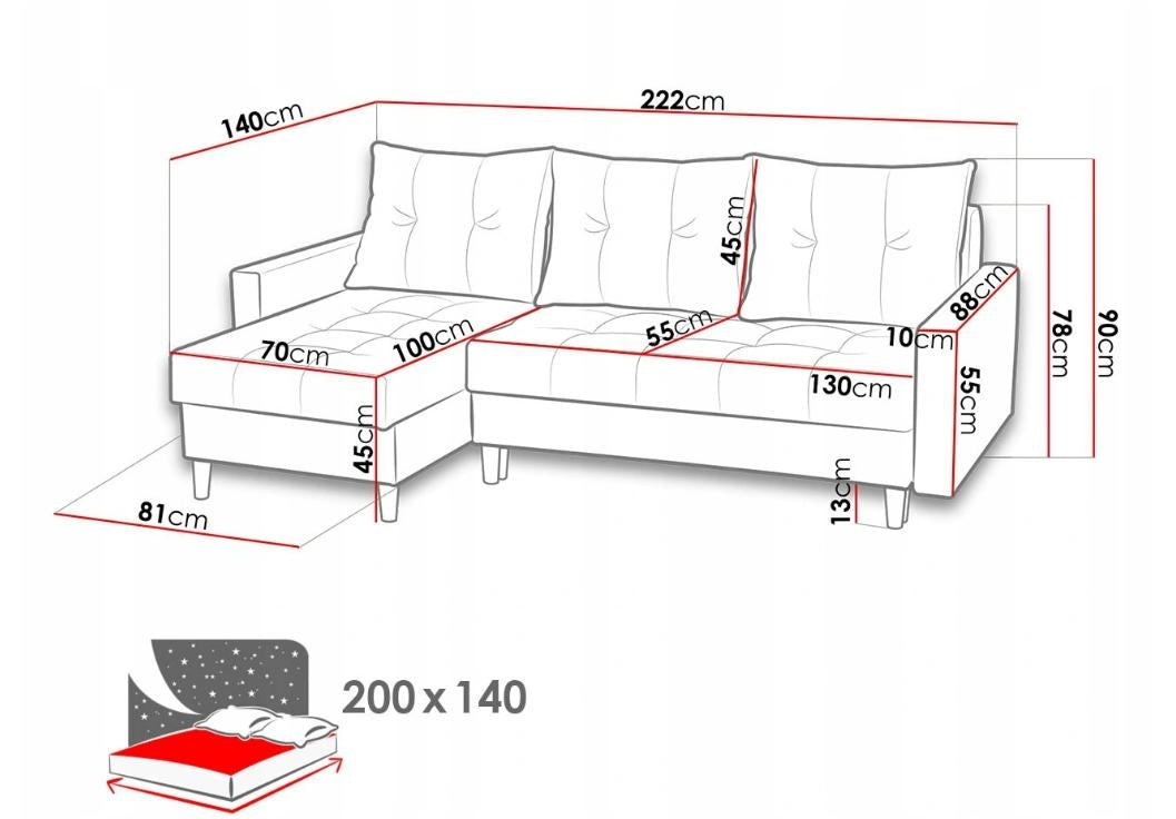 CORNER SOFA BED BRIAN 222x140CM Universal RIGHT/LEFT CORNER