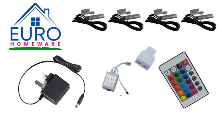 4x klipsy LED RGB do półek szklanych (16 kolorów lampek LED z pilotem)