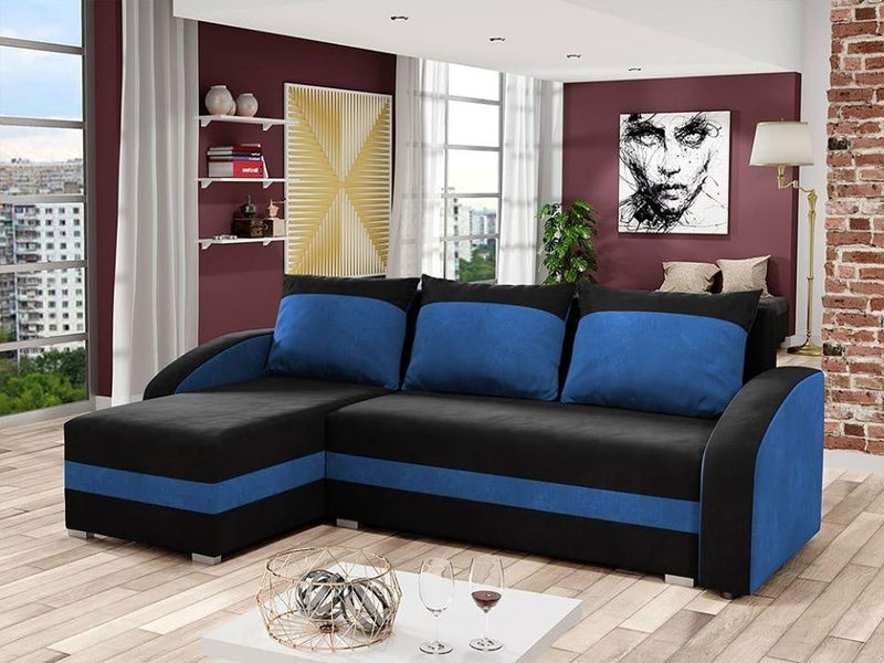 CORNER SOFA BED VELVET BLACK / BLUE 236cm