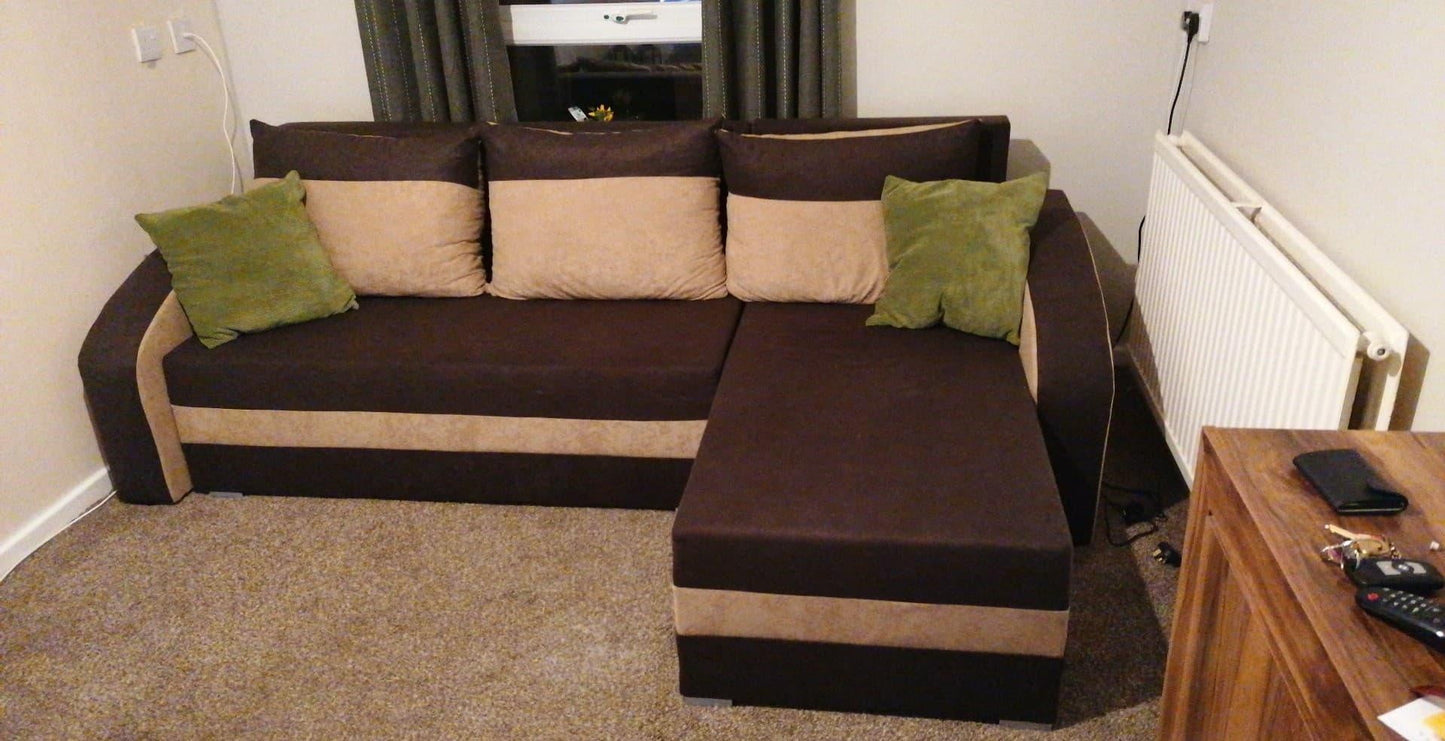 CORNER SOFA BED VELVET BROWN / BEIGE 236cm