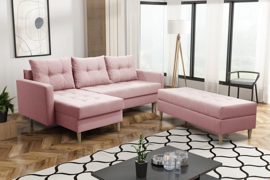 CORNER SOFA BED BRIAN 222CM + STORAGE PUFF / OTTOMAN CHOICE OF COLOR RIGHT/LEFT CORNER