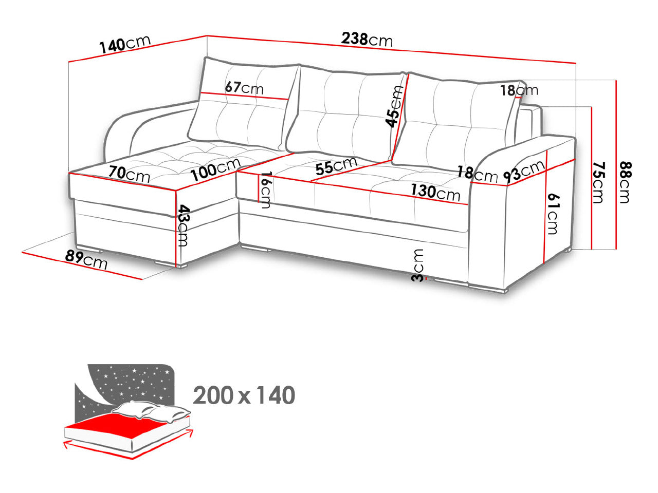 CORNER SOFA BED SEUL GRAPHITE / WHITE 236CM universal RIGHT/LEFT CORNER