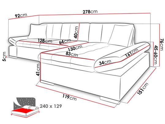 CORNER SOFA BED TOKYO BLACK/WHITE 278cm TATUM 283 / SOFT 17
